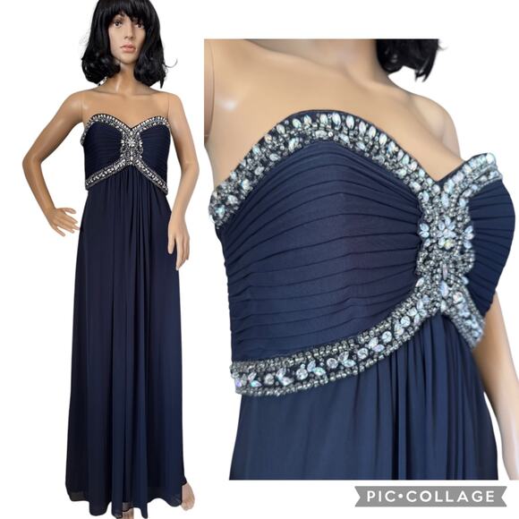 XSCAPE Navy Chiffon Jeweled Bodice Empire A-Line strapless Evening Gown 8 - Picture 2 of 16